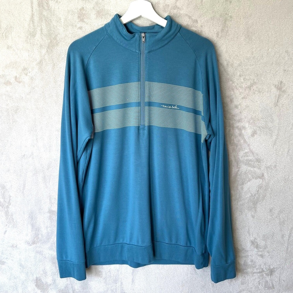 Travis Mathew 1/4 Zip Sweatshirt‎ Sweater Mens L Blue Striped Spellout Rayon